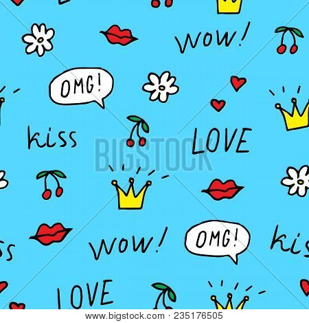 Cute Seamless Pattern Of Hand Drawn Doodle Elements On Blue Background. Cherry, Lips, Crowns, Flower