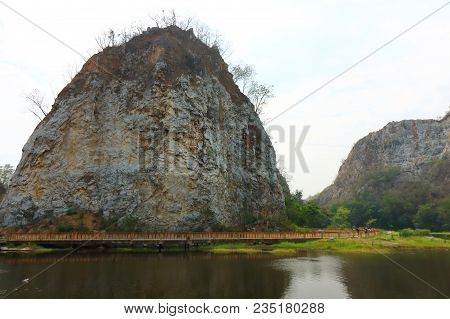 Wide Angle Shot Of Rocky Mountain Of Khao Ngu Stone Park , Ratchaburi , Thailand.
