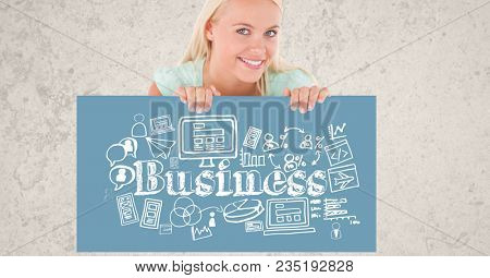 Portrait of beautiful woman holding billboard with business text and symbols while standing against