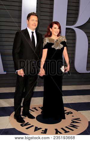 LOS ANGELES - MAR 4:  Nick Offerman, Megan Mullally at the 24th Vanity Fair Oscar After-Party at the Wallis Annenberg Center for the Performing Arts on March 4, 2018 in Beverly Hills, CA