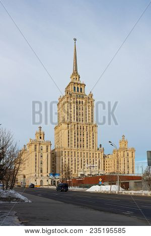 Moscow, Russia - March 25, 2018: Hotel Ukraina (radisson Royal Hotel) Against Blue Sky In Spring Mor
