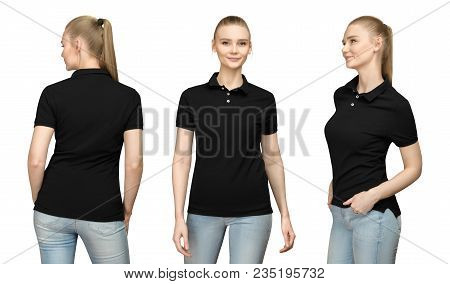 Set Promo Pose Girl In Blank Black Polo Shirt Mockup Design For Print And Concept Template Young Wom