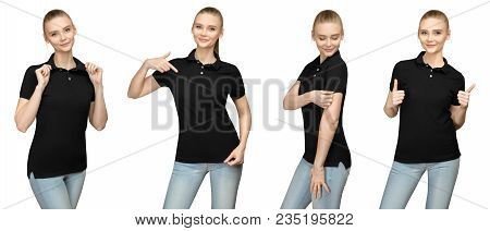 Set Variations Promo Pose Girl In Blank Black Polo Shirt Mockup Design For Print And Concept Templat