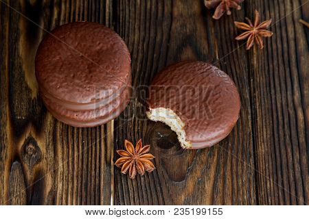 Two Choco Pie Sweet Dessert On The Village Dark Old Table In Moodle Style