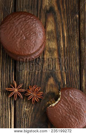 Three Choco Pie Sweet Dessert On The Village Dark Old Table In Moodle Style