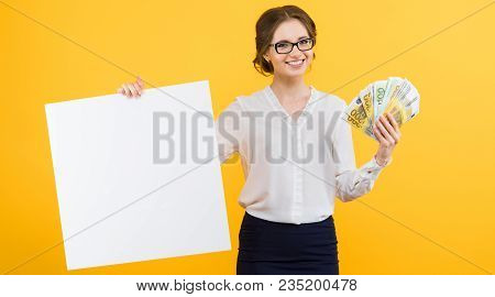 Caucasian Brunette Smiling Attractive Businesswoman In Formal Dress Holding Money In Her Hands With 