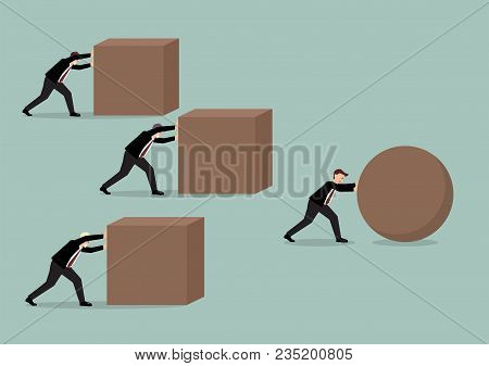 Businessman Pushing A Sphere Leading The Race Against A Group Of Businessmen Pushing Cubes. Business