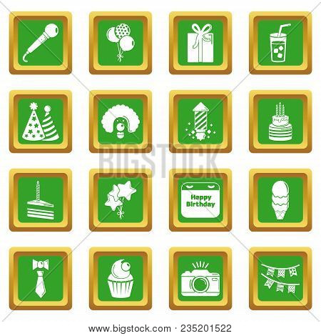 Happy Birthday Icons Set Vector Green Square Isolated On White Background
