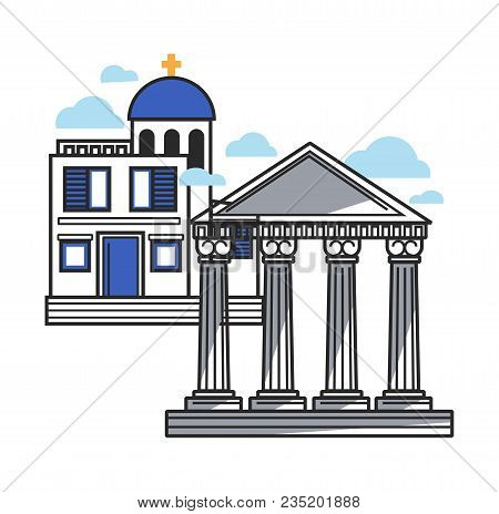 Greek Modern And Ancient Architecture Samples. Gorgeous Columns That Hold Roof And Modern Chapel In 