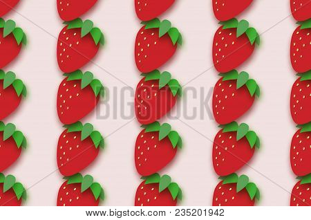 Red Strawberry Seamless Pattern In Paper Cut Style. Origami Healthy Food On Pink. Summertime. Vector
