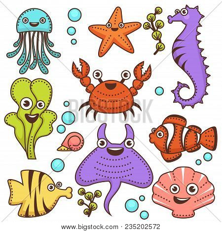 Funny Marine Inhabitants With Friendly Faces. Blue Jellyfish, Small Starfish, Surprised Seahorse, Ch