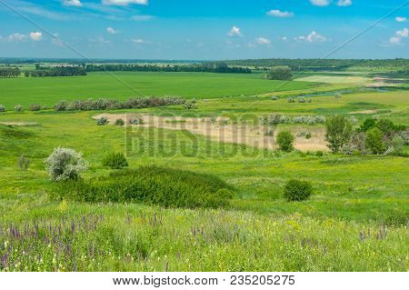 Summer Landscape With Agricultural Fields And Water-meadows Near Oril River In Central Ukraine