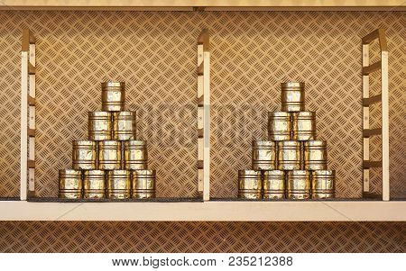 Stacked Tin Can Pyramid For Can Knockdown Game At Funfair, Known As Dosenwerfen In Germany