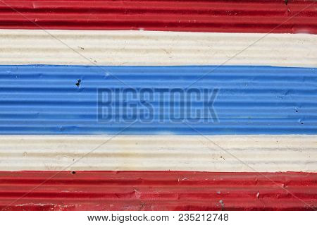 Thai Flag Painted Onto Old Corrugated Iron Metal Wall Panel In Koh Lanta Old Town