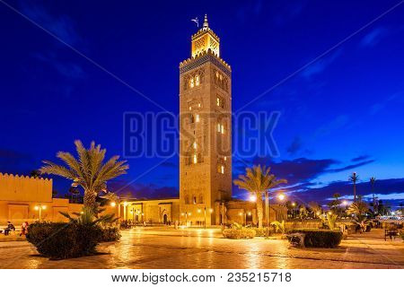 The Koutoubia Mosque Or Kutubiyya Mosque At Night, It Is The Largest Mosque In Marrakesh, Morocco.
