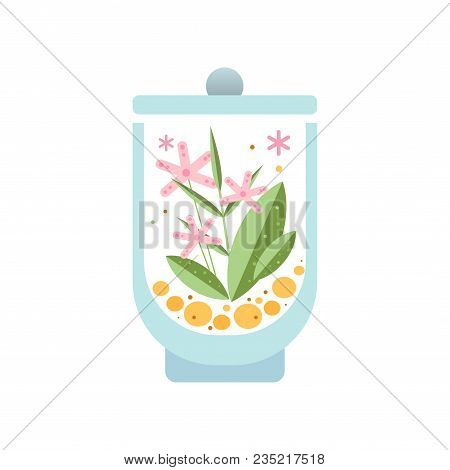 Beautiful Floral Composition In Glass Vessel. Green Leaves And Pink Blooming Flowers In Transparent 
