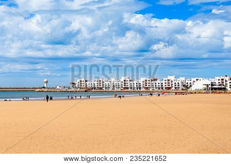 Agadir Main Beach In Agadir City, Morocco. Agadir Is A Major City In Morocco Located On The Shore Of