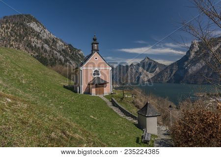 Chapel Over Ebensee Town With Nice Sea And Mountains