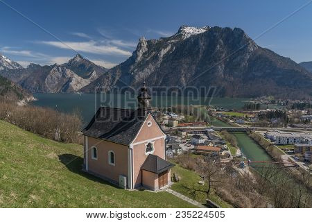 Chapel Over Ebensee Town With Nice Sea And Mountains