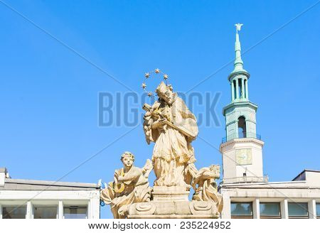 Statue Of John Of Nepomuk, Dates 1724, Details Of Old Market Square In Poznan At Summer Day, Poland