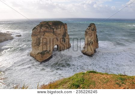 Pigeon Rocks In Raouche, Lebanon. Mediterranean Sea And Beautiful Stone Mountains In Water. Nature A