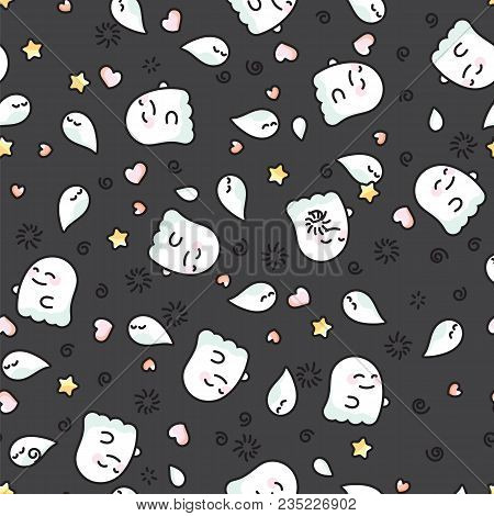 White Ghosts And Phantoms On Black Background Doodle Pattern. Funny Ghost And Shadow Halloween Patte