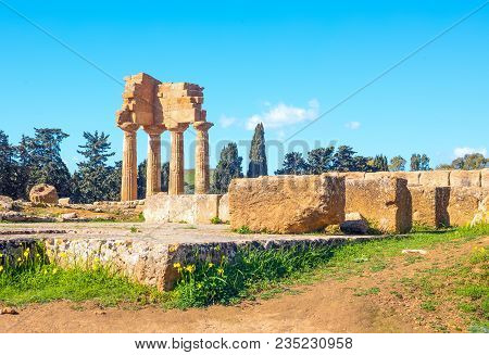 Italy, Sicily Island, The Valley Of The Temples Of Agrigento, View Of The Temple Of Dioscuri Ruins
