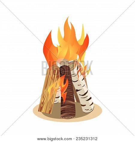 Bonfire Icon Isolated. Cartoon Burning Fire For Midsummer Folklore Traditional Festival. Campfire In