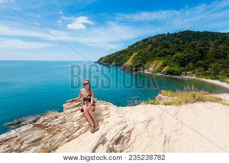 Summer Seascapewith Young Tourist On Tropical Koh Lanta Island In Thailand. Landscape Taken In Koh L