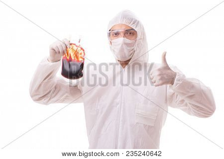 Epidemiologist with blood sample isolated on white background