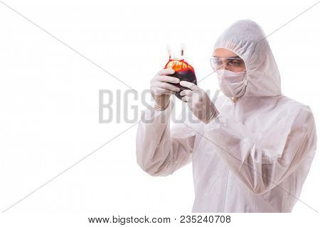 Epidemiologist with blood sample isolated on white background