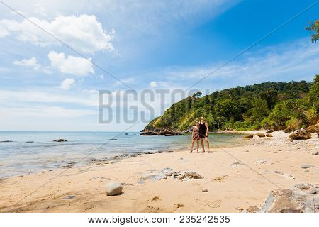 Summer Seascapewith Young Tourist On Tropical Koh Lanta Island In Thailand. Landscape Taken In Koh L