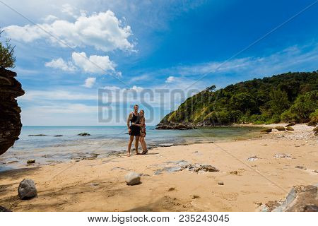 Summer Seascapewith Young Tourist On Tropical Koh Lanta Island In Thailand. Landscape Taken In Koh L