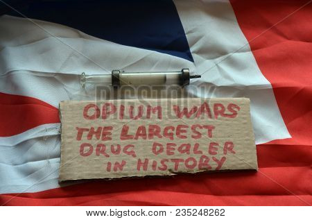 British history.Opium Wars.Concept.British Flag background. April 9, 2018 in Kiev,Ukraine