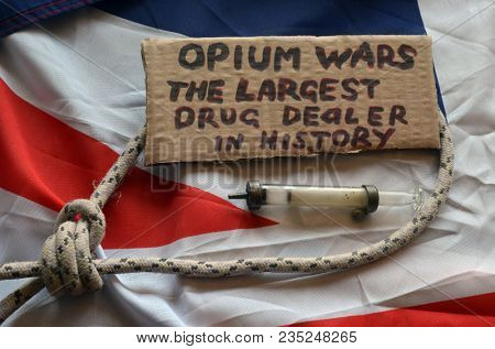 British history.Opium Wars.Concept.British Flag background. April 9, 2018 in Kiev,Ukraine