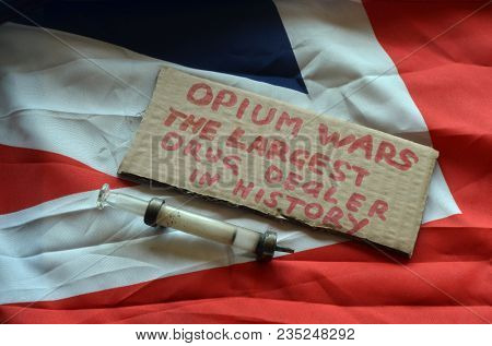 British history.Opium Wars.Concept.British Flag background. April 9, 2018 in Kiev,Ukraine