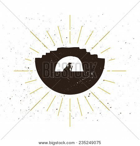 Retro Floating On A Gondola A Man Under The Bridge Silhouette Logo. Nature Sign And Vintage Logotype