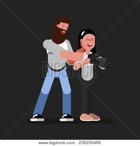 Woman Photographer Wathing Photos With Man. Vector Illustration, Eps 10