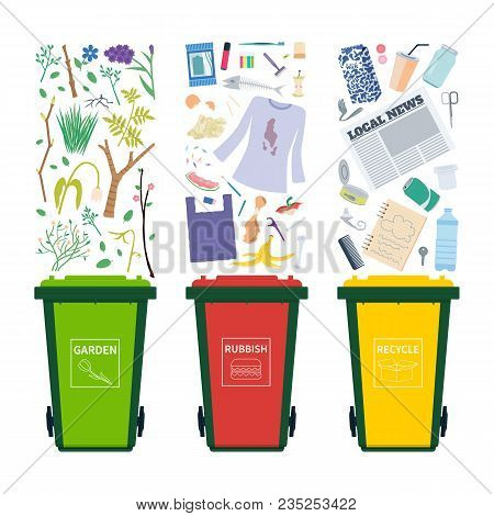 General, Garden And Recycle Waste Bins With Different Objects To Sort And Toss. Vertor Set Isolated 