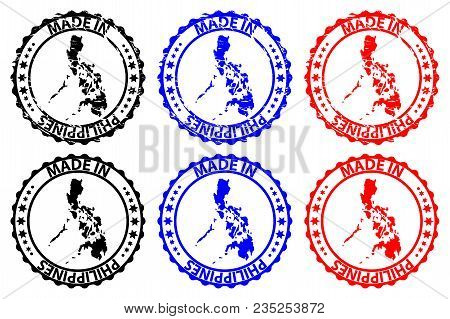 Made In Philippines - Rubber Stamp - Vector, Philippines Map Pattern - Black, Blue And Red