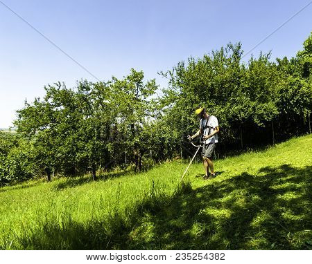 Man Mowing Green Wild Grass Field Using Brush Cutter Mower Or Power Tool String Lawn Trimmer. Season