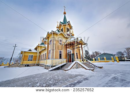 The Wooden Church Of St. Nicholas At Winter Day Time. Church Was Founded At The Beginning Of The 20t