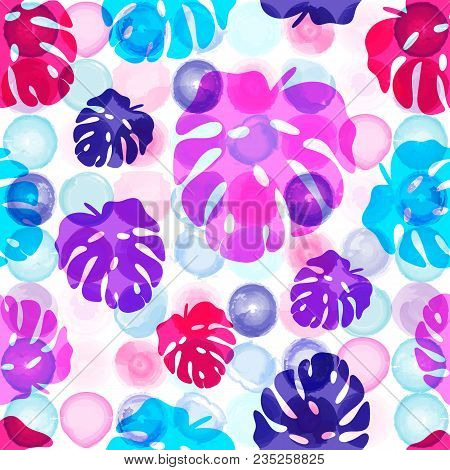 Seamless Pattern Of Tropical Leaves On The Watercolor Dotted Background. Bright Summer Floral Fabric