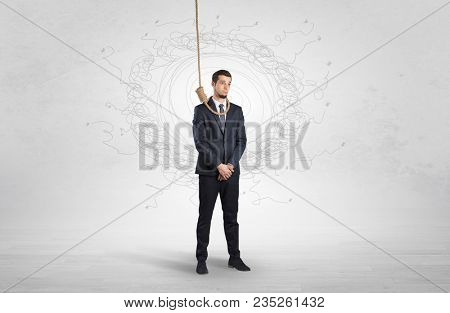 Burnout young elegant businessman trying to suicide with doodle concept