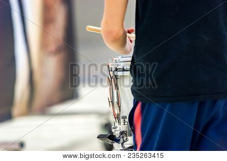 Details From A Music, Show And Marching Band. Playing Musicians With Percussion Instruments During A