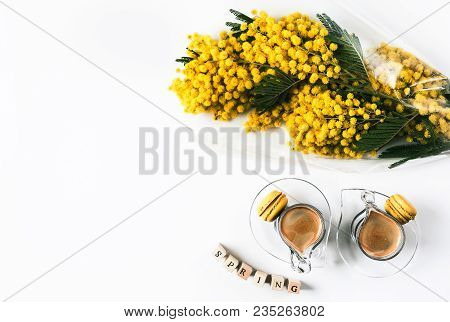 Yellow Mimosa Bouquet On Pink Background, The Symbol Of Spring A
