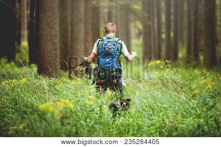Bohemian Forest, Czech Republic, August 2016: The Man Going In Wood Through High Grass. Black And Wh