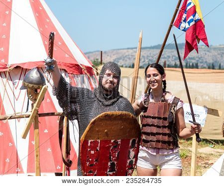 Goren, Israel, April 06, 2018 : Visitors Knight Festival Dressed In The Armor Of A Medieval Warrior 