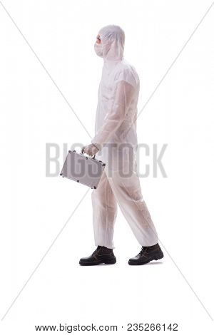 Criminologist in protective suit with steel case