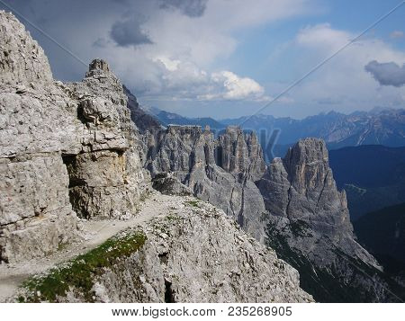 The Georgous View From The Via Ferrata Leading On Paterkofel. View On Rocky Peaks Of Sexten Dolomite
